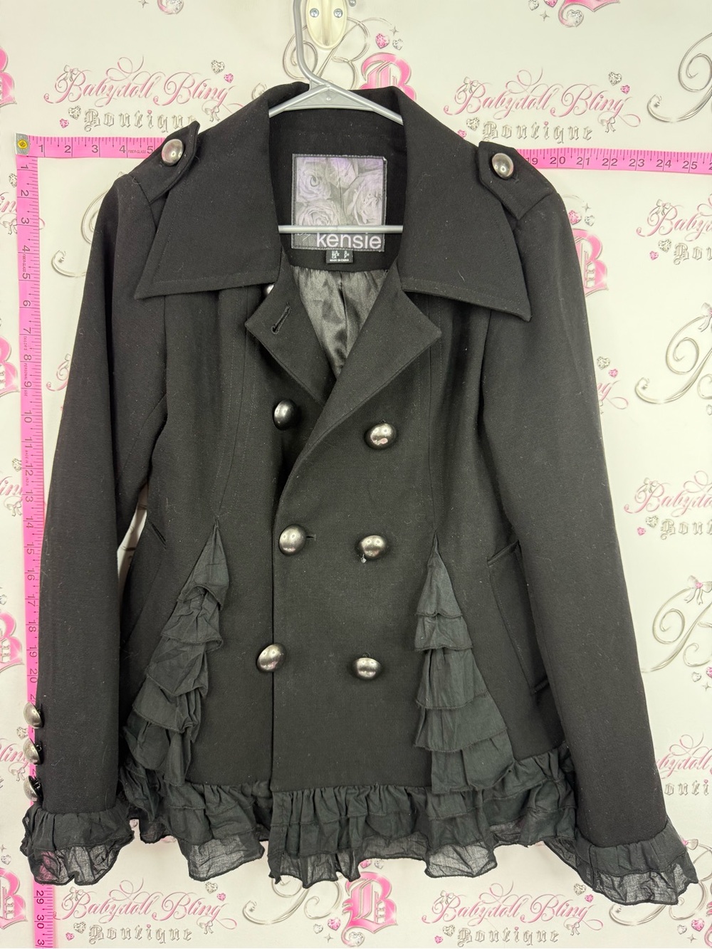 Kensie jacket pea coat buttons Black Double-Breasted Peacoat with Ruffle Trim